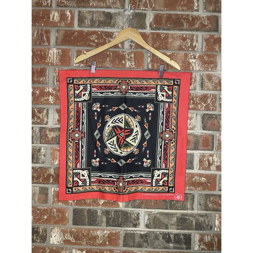 Vintage Wamcraft Bandana Made USA Southwest Aztec Native Print Birds RED